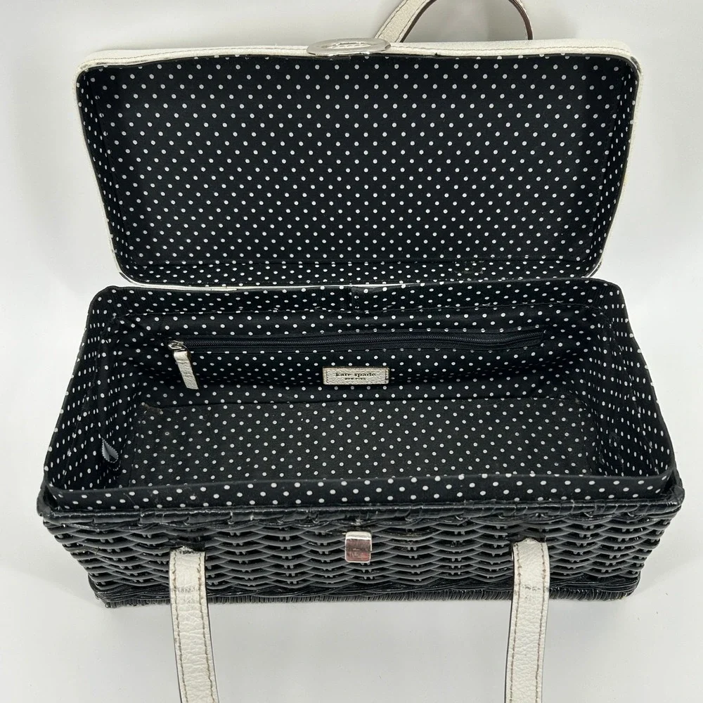 Vintage Kate Spade New York Black Wicker Basket White Leather Bag Polka Dot - Picture 5 of 16